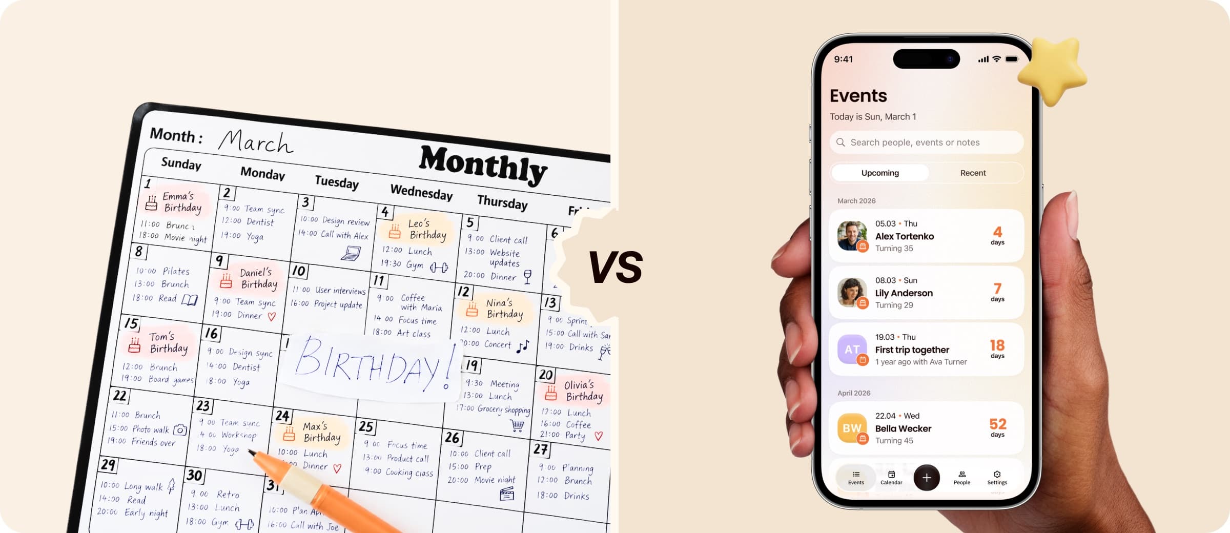 A paper monthly calendar crowded with meetings and birthdays next to an iPhone showing Torte’s Events screen with upcoming birthdays.